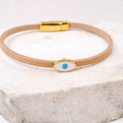 Χειροποίητο Δερμάτινο Βραχιόλι με Επίχρυσο Μάτι από Σμάλτο