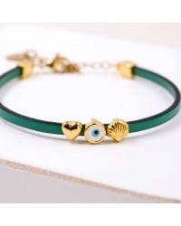 Handcrafted Leather Bracelet with Gold-Plated Evil Eye & Marine Charms Handcrafted Leather Bracelet with Gold-Plated Enamel Evil Eye and Marine Charms