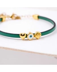 Handcrafted Leather Bracelet with Gold-Plated Evil Eye & Marine Charms Handcrafted Leather Bracelet with Gold-Plated Enamel Evil Eye and Marine Charms
