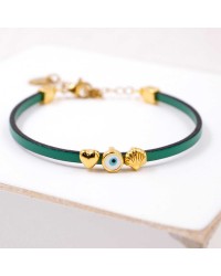 Handcrafted Leather Bracelet with Gold-Plated Evil Eye & Marine Charms Handcrafted Leather Bracelet with Gold-Plated Enamel Evil Eye and Marine Charms