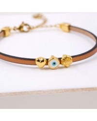 Handcrafted Leather Bracelet with Gold-Plated Evil Eye & Marine Charms Handcrafted Leather Bracelet with Gold-Plated Enamel Evil Eye and Marine Charms