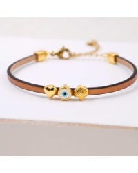 Handcrafted Leather Bracelet with Gold-Plated Evil Eye & Marine Charms Handcrafted Leather Bracelet with Gold-Plated Enamel Evil Eye and Marine Charms