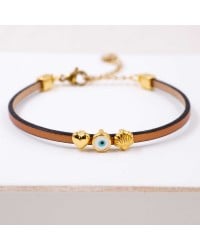Handcrafted Leather Bracelet with Gold-Plated Evil Eye & Marine Charms Handcrafted Leather Bracelet with Gold-Plated Enamel Evil Eye and Marine Charms