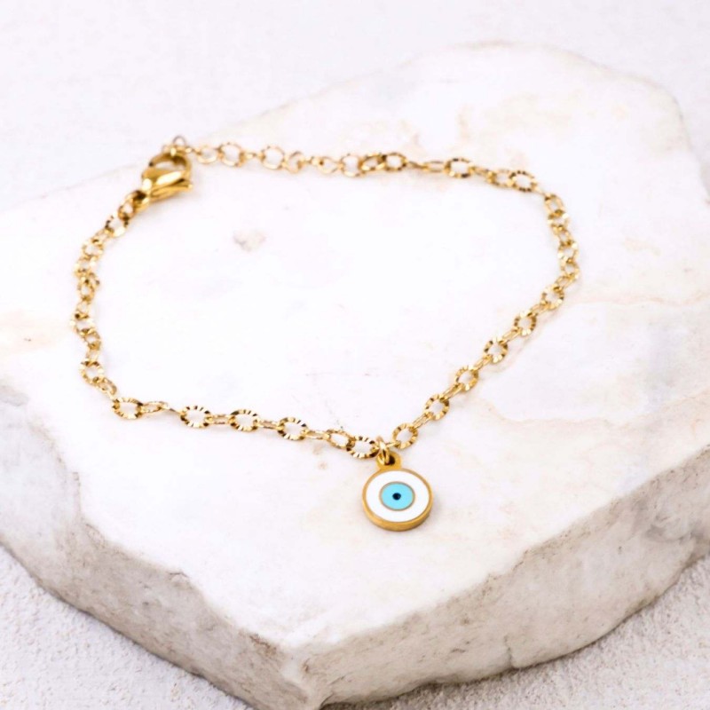 Stainless Steel Jewelry: Επίχρυσο Βραχιόλι - Μάτι από Σμάλτο Επίχρυσο βραχιόλι αλυσίδα από ανοξείδωτο ατσάλι με μεταλλικό μάτι από σμάλτο