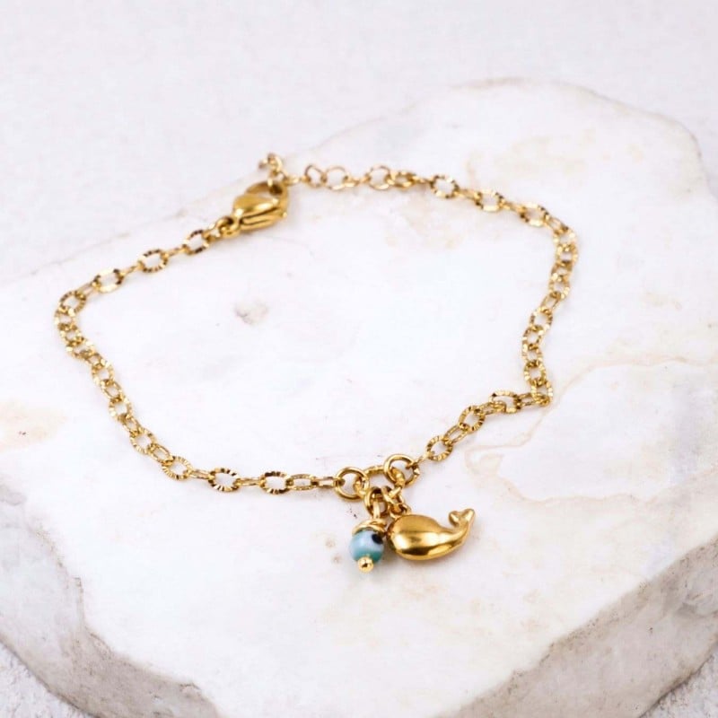 Stainless Steel Jewelry: Επίχρυσο Βραχιόλι - Μεταλλική Φάλαινα & Ματάκι Επίχρυσο βραχιόλι αλυσίδα από ανοξείδωτο ατσάλι με μεταλλική φάλαινα και ματάκι