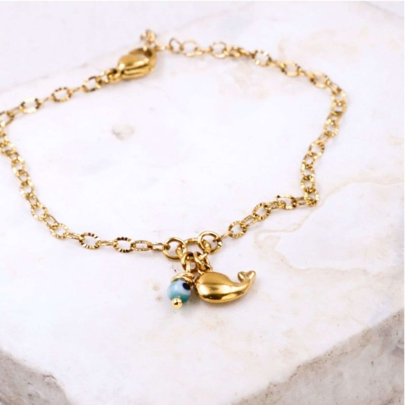 Stainless Steel Jewelry: Επίχρυσο Βραχιόλι - Μεταλλική Φάλαινα & Ματάκι Επίχρυσο βραχιόλι αλυσίδα από ανοξείδωτο ατσάλι με μεταλλική φάλαινα και ματάκι