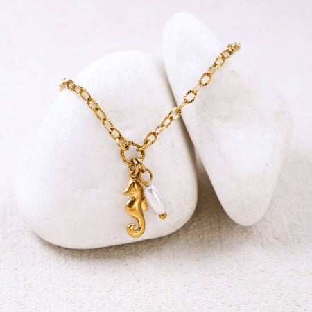 Stainless Steel Jewelry: Επίχρυσο Βραχιόλι - Ιππόκαμπος & Μαργαριτάρι