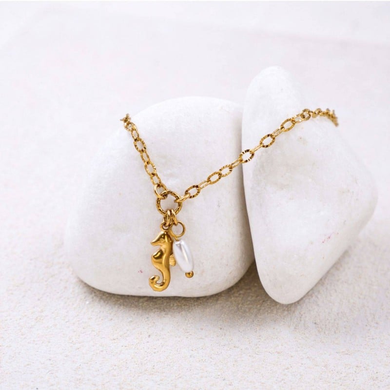 Stainless Steel Jewelry: Επίχρυσο Βραχιόλι - Μεταλλικός Ιππόκαμπος Επίχρυσο βραχιόλι αλυσίδα από ανοξείδωτο ατσάλι με ιππόκαμπο και καλλιεργημένο μαργαριτάρι