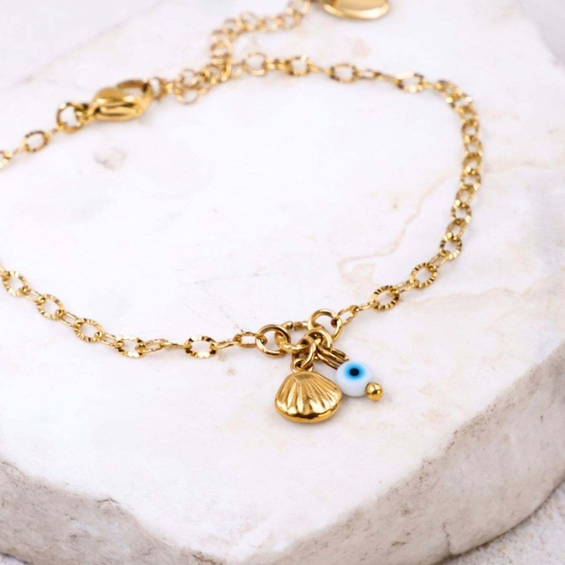 Stainless Steel Jewelry: Επίχρυσο Βραχιόλι - Κοχύλι & Ματάκι Επίχρυσο βραχιόλι αλυσίδα από ανοξείδωτο ατσάλι με κοχύλι και ματάκι