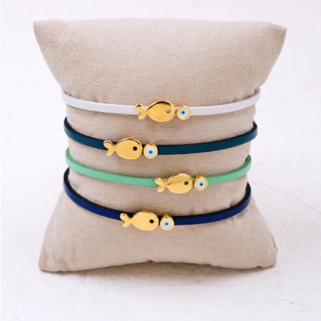 Δερμάτινο Βραχιόλι | Επίχρυσο Ψάρι & Μάτι - Επιλογή Χρώματος