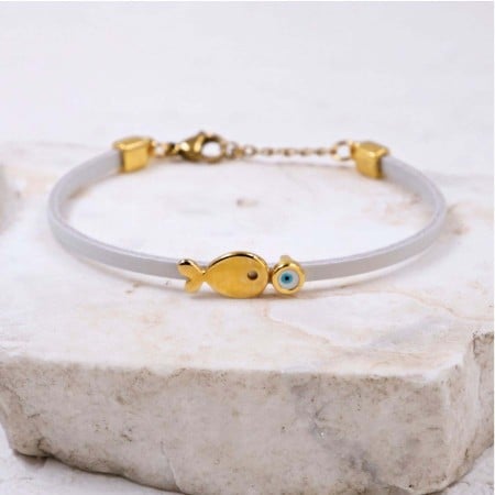 Δερμάτινο Βραχιόλι | Επίχρυσο Ψάρι & Μάτι - Επιλογή Χρώματος