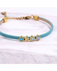 Handcrafted Bracelet | Evil Eye, Starfish & Crystals Handcrafted Leather Bracelet with Gold-Plated Enamel Evil Eye, Starfish & Crystals