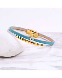 Handcrafted Leather Bracelet with Gold-Plated Evil Eye | Made in Greece Handcrafted Leather Bracelet with Gold-Plated Enamel Evil Eye