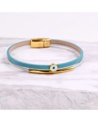 Handcrafted Leather Bracelet with Gold-Plated Evil Eye | Made in Greece Handcrafted Leather Bracelet with Gold-Plated Enamel Evil Eye