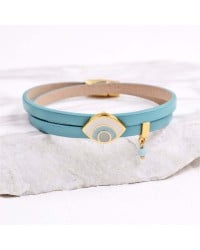 Double-wrapped Leather Bracelet - Enamelled Evil Eye Leather bracelet with Enamelled Evil Eye and metal parts in gold-plating