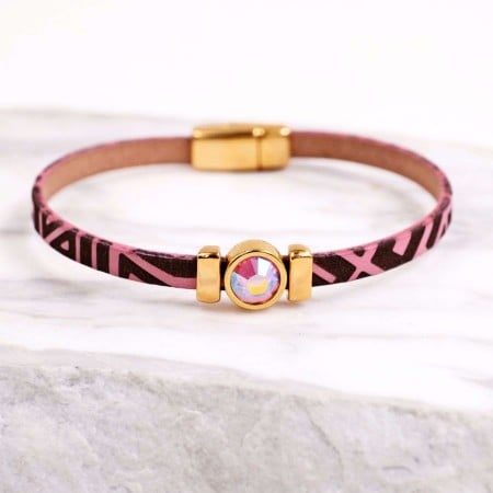 Βραχιόλι Κρύσταλλο Swarovski | Δέρμα με Χάραξη - Ροζ