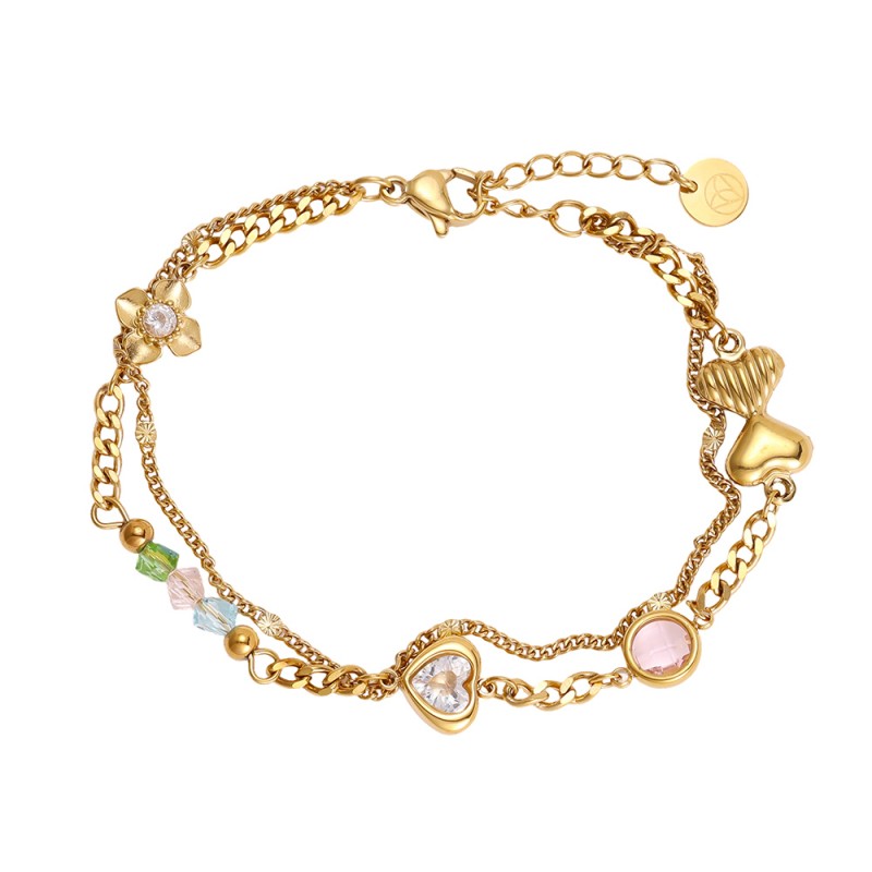 Stainless Steel Jewelry: Βραχιόλι Αλυσίδα Hearts & Zircon Επίχρυσο βραχιόλι αλυσίδα από ανοξείδωτο ατσάλι με μεταλλικές καρδιές και ζιργκόν