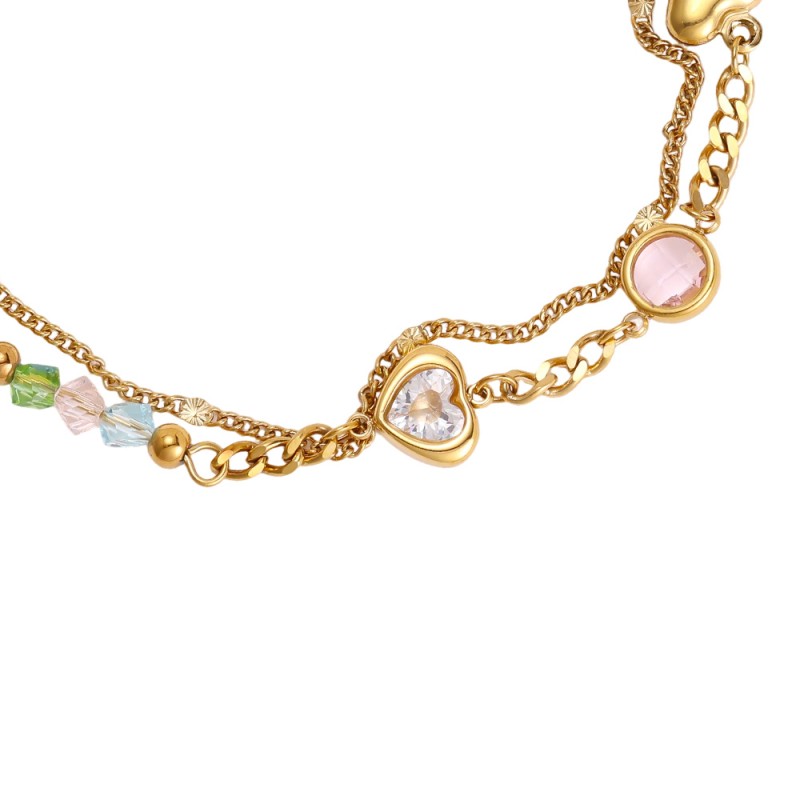 Stainless Steel Jewelry: Βραχιόλι Αλυσίδα Hearts & Zircon Επίχρυσο βραχιόλι αλυσίδα από ανοξείδωτο ατσάλι με μεταλλικές καρδιές και ζιργκόν