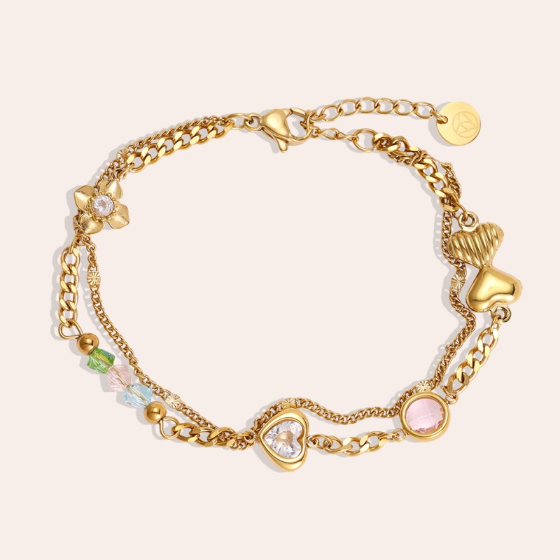 Stainless Steel Jewelry: Βραχιόλι Αλυσίδα Hearts & Zircon Επίχρυσο βραχιόλι αλυσίδα από ανοξείδωτο ατσάλι με μεταλλικές καρδιές και ζιργκόν