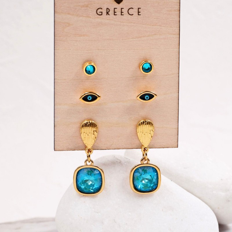 Σετ 3 Επίχρυσα Σκουλαρίκια - Laguna Blue Κρύσταλλα & Σμάλτο Σετ Επίχρυσα Σκουλαρίκια με Κρύσταλλα & Σμάλτο με επιμετάλλωση χρυσού 24Κ