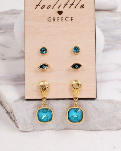 Σετ 3 Επίχρυσα Σκουλαρίκια - Laguna Blue Κρύσταλλα & Σμάλτο
