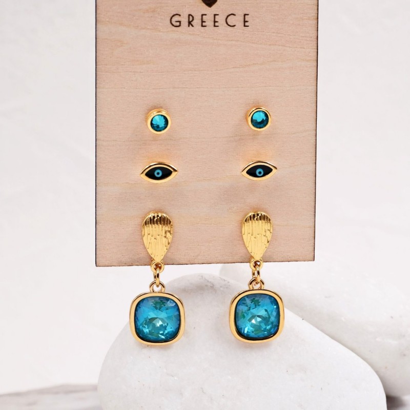 Σετ 3 Επίχρυσα Σκουλαρίκια - Laguna Blue Κρύσταλλα & Σμάλτο Σετ Επίχρυσα Σκουλαρίκια με Κρύσταλλα & Σμάλτο με επιμετάλλωση χρυσού 24Κ
