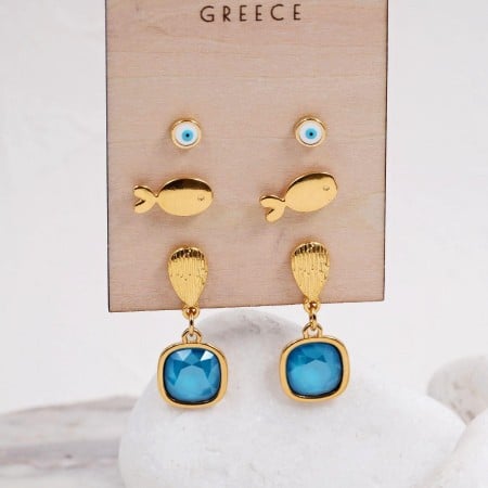 Σετ 3 Επίχρυσα Σκουλαρίκια - Azure Blue Κρύσταλλα & Σμάλτο