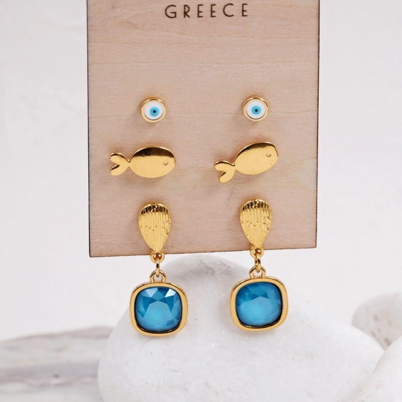 Σετ 3 Επίχρυσα Σκουλαρίκια - Azure Blue Κρύσταλλα & Σμάλτο Σετ 3 Επίχρυσα Σκουλαρίκια - Azure Blue Κρύσταλλα & Σμάλτο με επιμετάλλωση χρυσού 24Κ