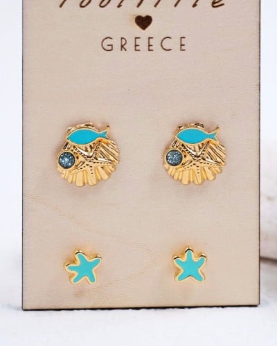Σετ 2 Επίχρυσα Σκουλαρίκια "Sea Life" - Τιρκουάζ Σμάλτο