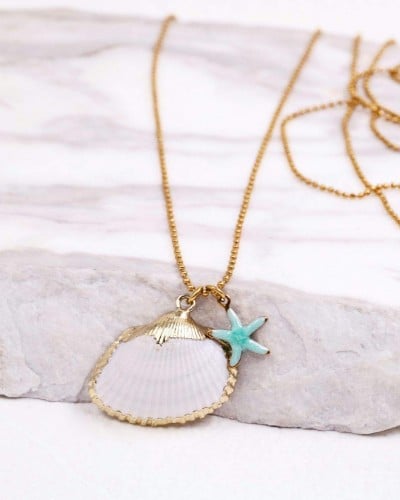 Επίχρυσο Μακρύ Κολιέ | Sea Shell & Enamelled Starfish 