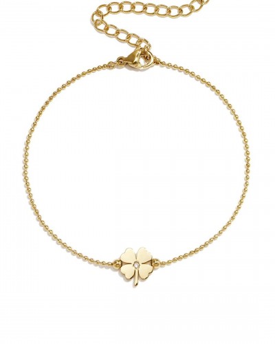 Gold Stainless Steel Four-Leaf Clover Bracelet with Cubic Zirconia – Lucky Charm Jewelry