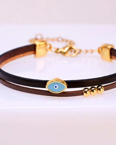 Handcrafted Leather Bracelet Grecian Aura with Gold-Plated Enamel Evil Eye