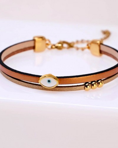 Handcrafted Leather Bracelet Grecian Aura with Gold-Plated Enamel Evil Eye