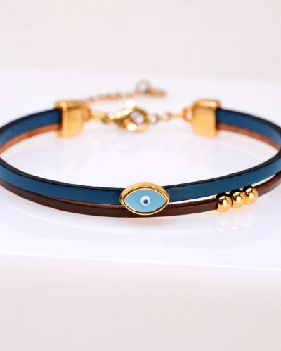 Handcrafted Leather Bracelet Grecian Aura with Gold-Plated Enamel Evil Eye