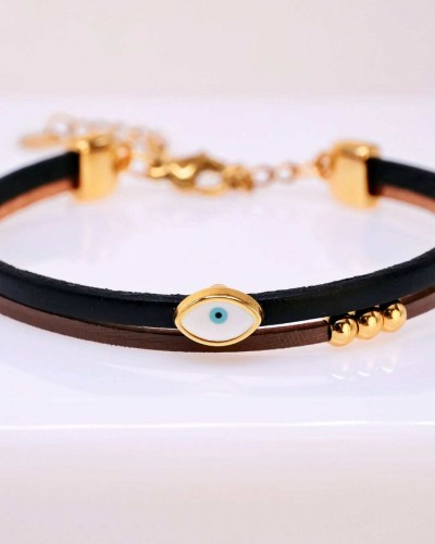 Handcrafted Leather Bracelet Grecian Aura with Gold-Plated Enamel Evil Eye