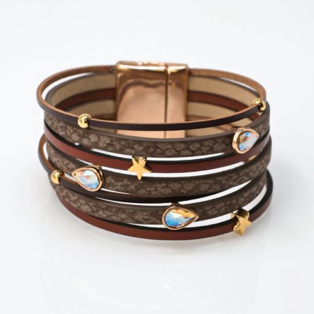 Γυναικείο Δερμάτινο Βραχιόλι με Swarovski Σταγόνες & Αστέρια