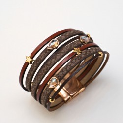 Γυναικείο Δερμάτινο Βραχιόλι με Swarovski Σταγόνες και Αστέρια
