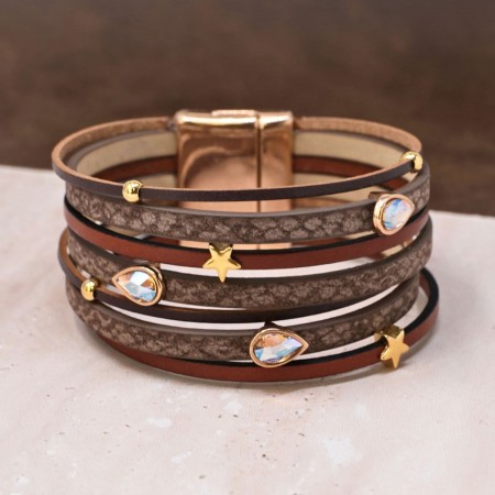 Γυναικείο Δερμάτινο Βραχιόλι με Swarovski Σταγόνες & Αστέρια