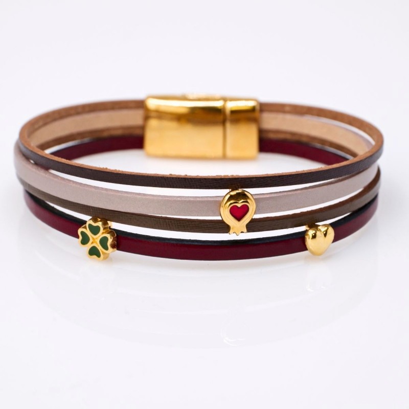 Δερμάτινο Βραχιόλι Γούρι με Τριφύλλι, Ρόδι, Καρδιά και επίχρυσα στοιχεία